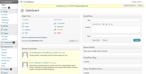 WordPress 3.2 dashboard screenshot